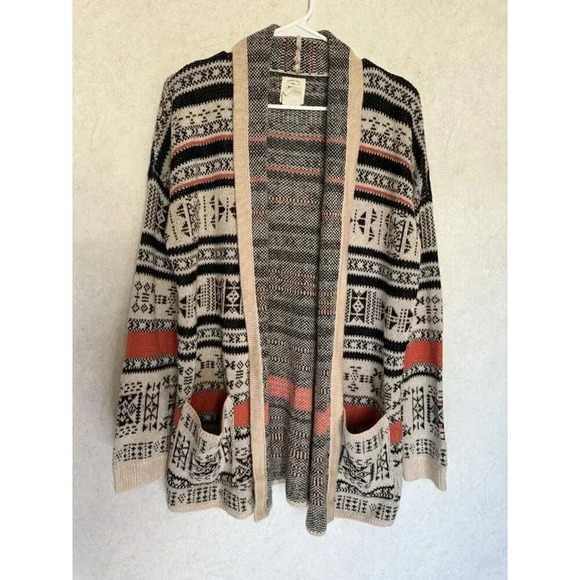 BILLABONG Womens Cardigan Sweater Aztec Southwest Open Front Long Medium Boho - Picture 1 of 7